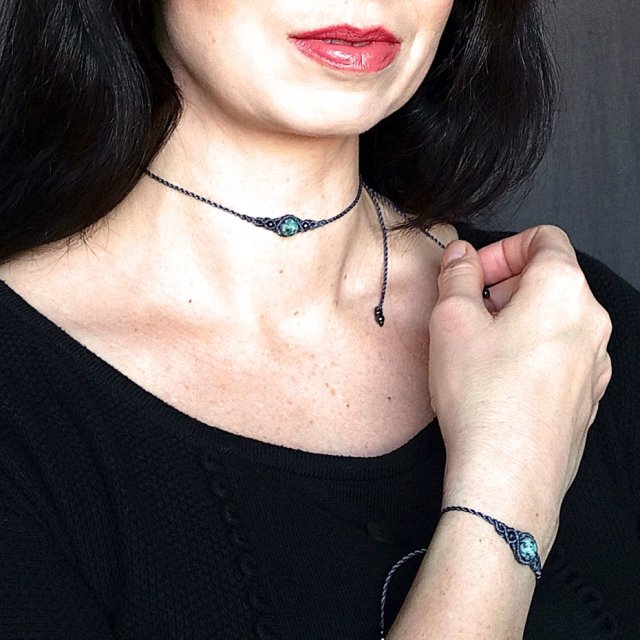 UNO jaspis turkusowy w makramie naszyjnik choker i bransoleta mikromakrama