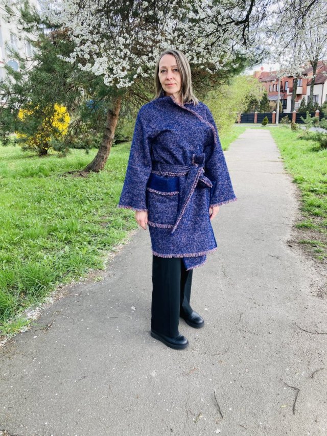 Płaszcz kimono wełna, frędzle.
