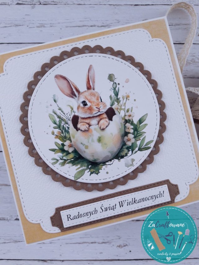 Kartka wielkanocna z króliczkiem w jajku