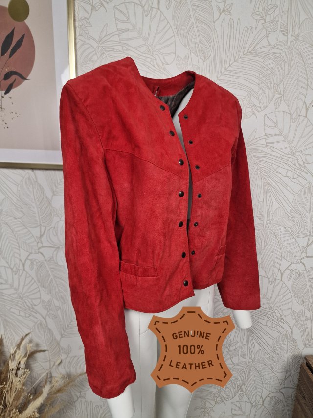 Vintage zamszowa skórzana cienka przejściowa kurtka kieszenie 42 XL krótka