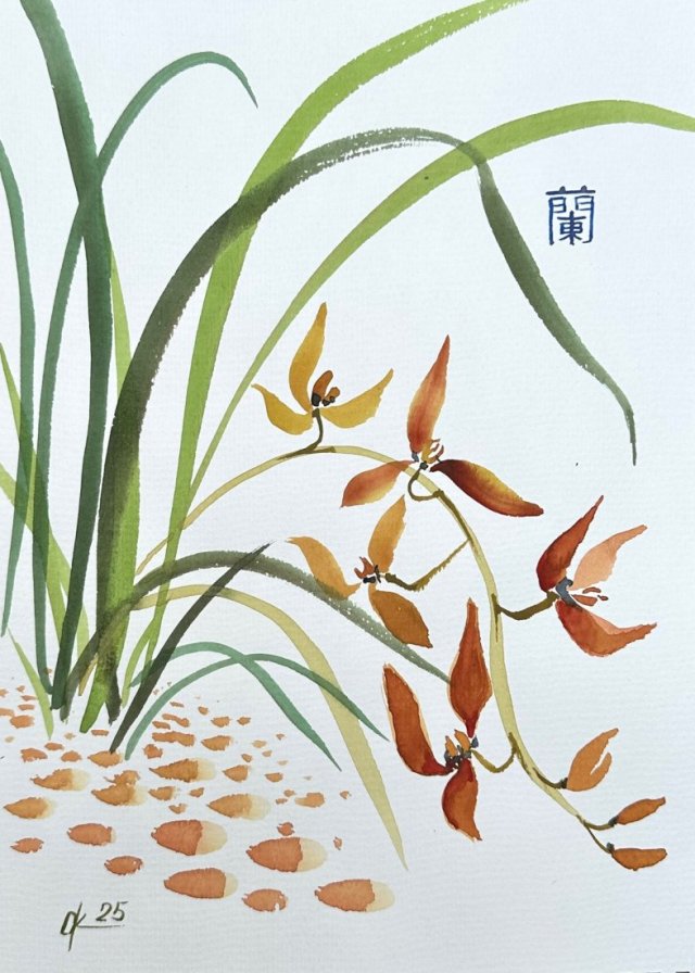 Beżowa orchidea. japońskie malarstwo sumi-e. Original Akwarela A4
