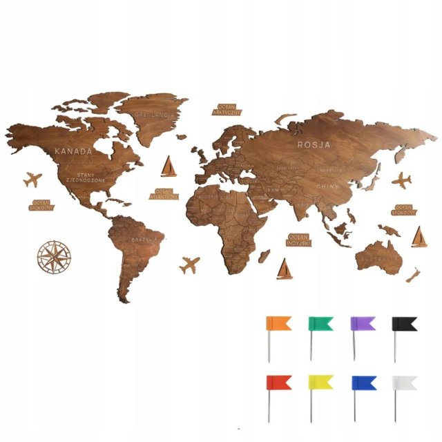 MAPA ŚWIATA DREWNIANA dla dzieci 3D na ścianę 120cm PALISANDER+DODATKI XL