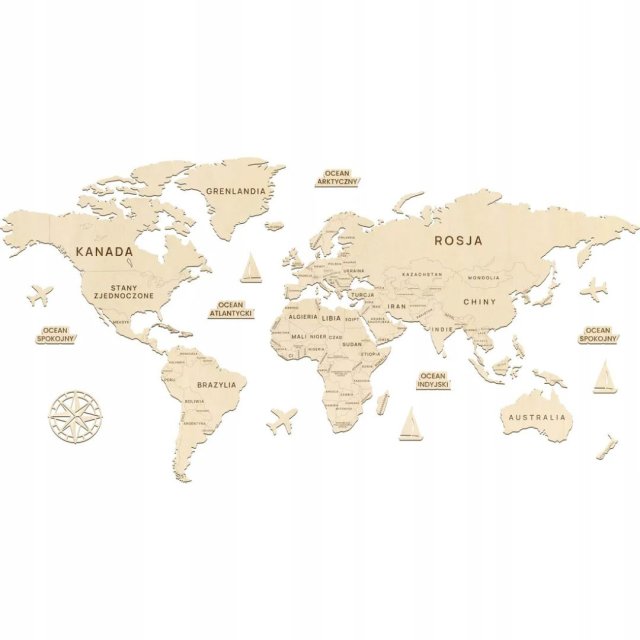 Drewniana MAPA ŚWIATA na ścianę 3D polityczna ŚCIENNA obraz 120cm + DODATKI