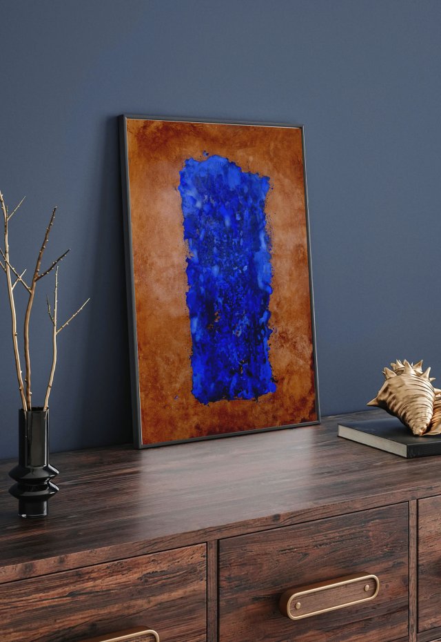 Obraz abstrakcyjny "Blue Root" – akryl na papierze – ultramaryna i brąz, 42 x 59,4 cm