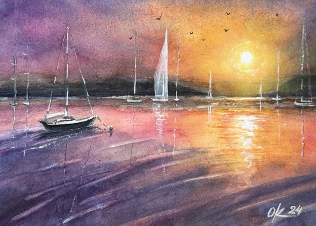 Zachód słońca w porcie. Original Akwarela A4