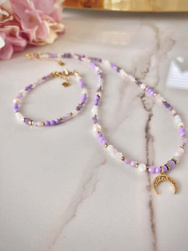 Zestaw naszyjnik choker bransoletka księżycowy lepidolit lunula