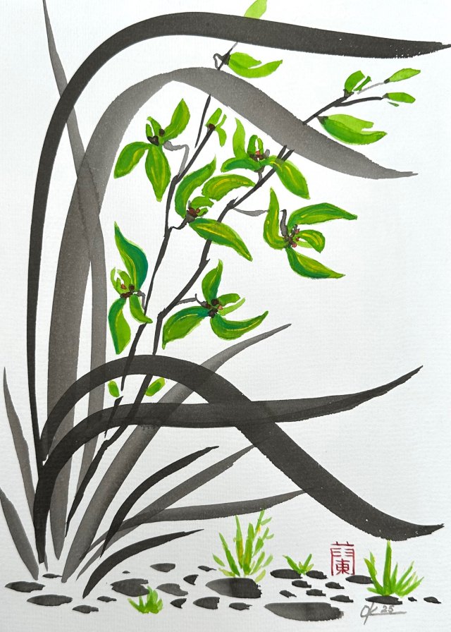 Dzika orchidea. japońskie malarstwo sumi-e. Original Akwarela A4
