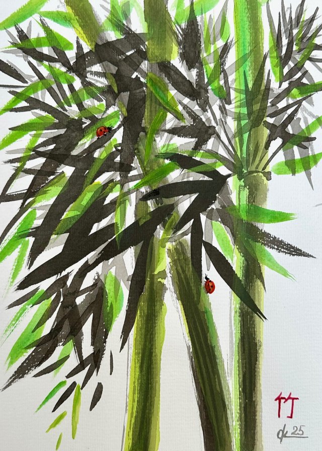 Bambus i biedronki, japońskie malarstwo sumi-e. Original Akwarela A4