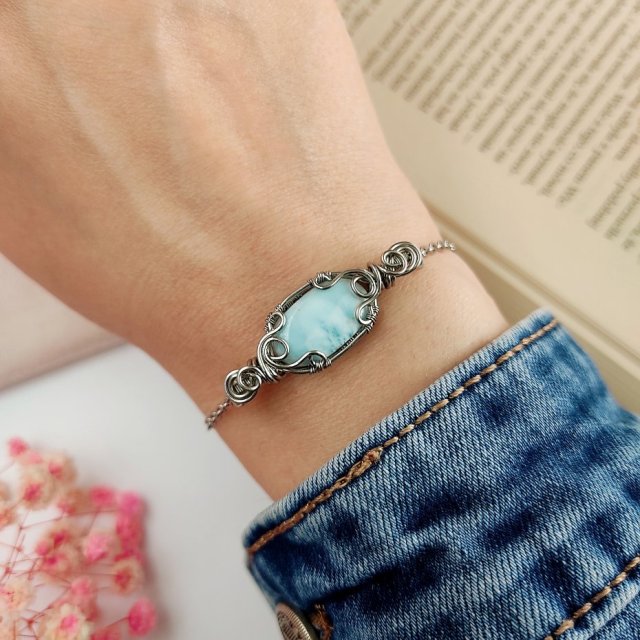Bransoletka Larimar stal chirurgiczna handmade wirewrapping