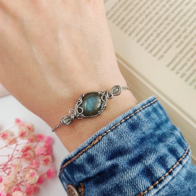 Bransoletka Labradoryt stal chirurgiczna handmade wirewrapping