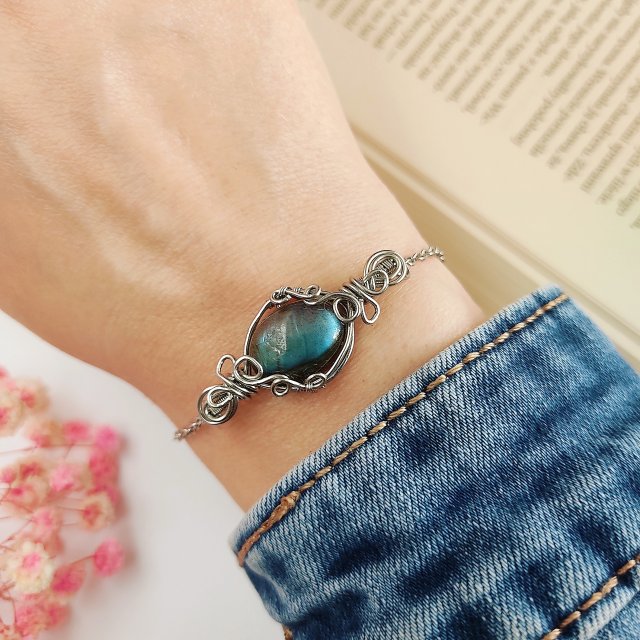 Bransoletka Labradoryt stal chirurgiczna handmade wirewrapping