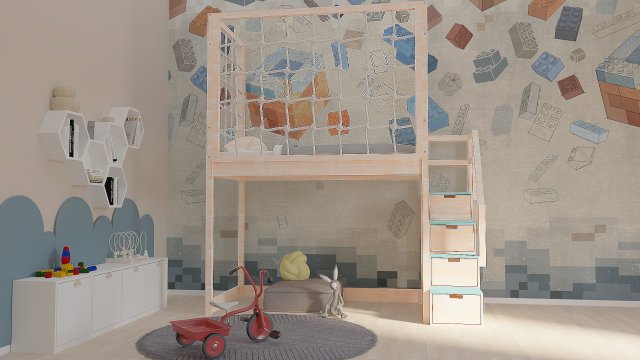 Łóżko na antresoli ze sznurkowymi panelami pod materac 90x180 cm