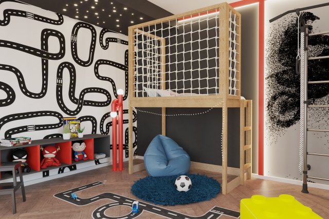 Łóżko na antresoli ze sznurkowymi panelami pod materac 90x180 cm