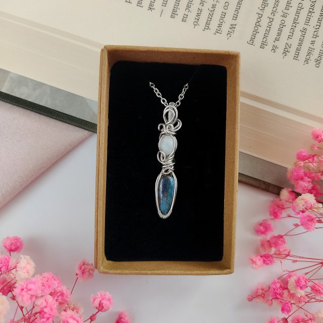 Naszyjnik Kamień Księżycowy z Labradorytem stal chirurgiczna wisiorek handmade wirewrapping
