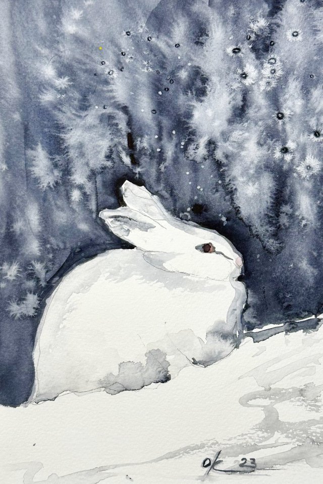 Obraz Króliczek w lesie, original akwarela 24*16 cm