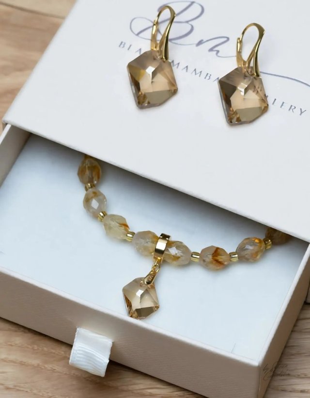 Unikatowy Komplet Biżuterii Swarovski Golden Shadow (Srebro Pozłacane )