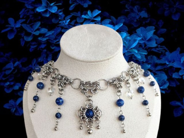 Choker Chainmaille Kamień Naturalnny Sodalit Stal Chirurgiczna Fairy