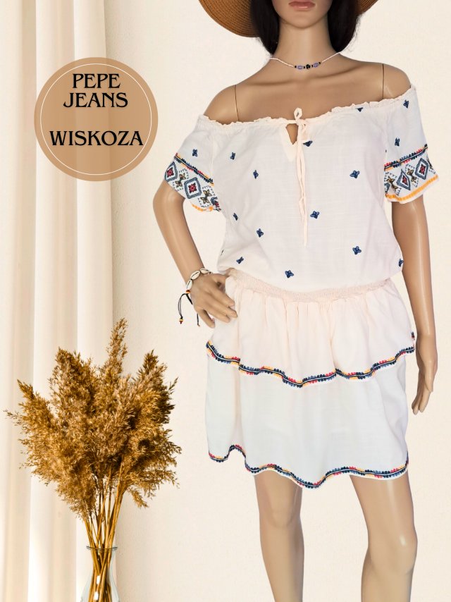 Kremowa sukienka z haftami, boho style, Pepe Jeans, r. L