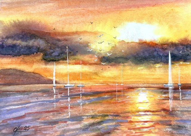 Zachód słońca w lagunie. Original Akwarela A4