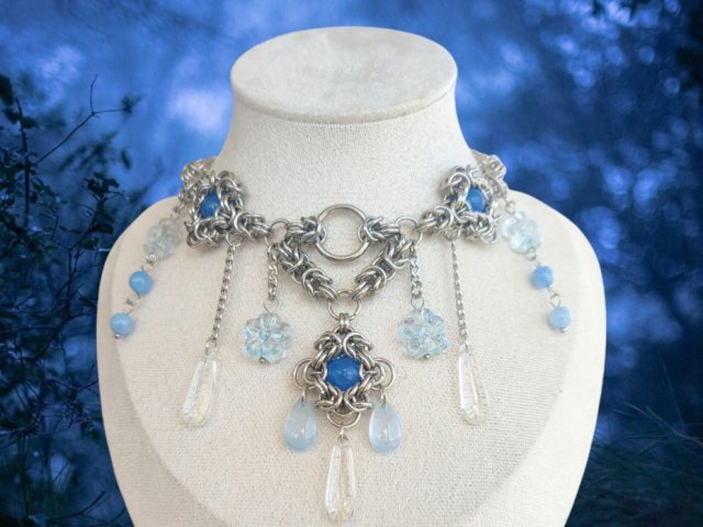 Choker naszyjnik handmade z akwamarynem szkłem Stal chirurgiczna Szkło