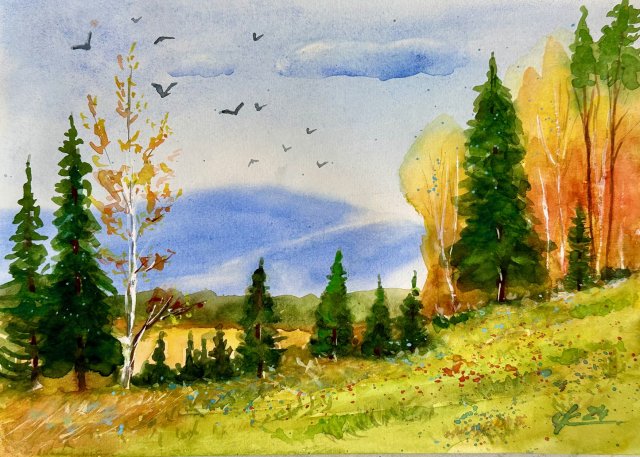 Krajobraz leśny w górach akwarela original A4