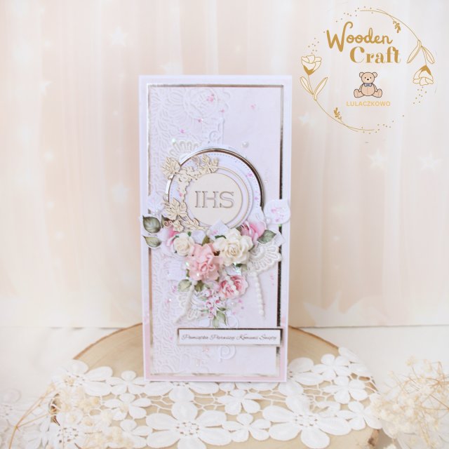 Kartka komunijna pamiątka pierwszej komunii świętej "PinkRoses3" GOTOWA