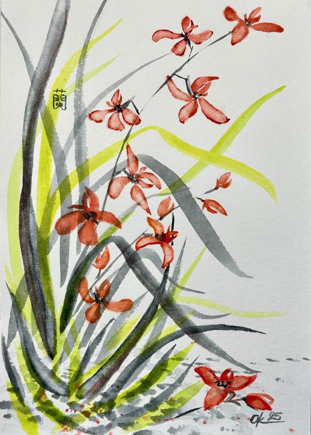 Dzika orchidea. japońskie malarstwo sumi-e. Original Akwarela A4