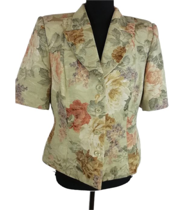 Vintage Marynarka w kwiaty krótki rękaw Floral Beżowy jasny żakiet Klasyka