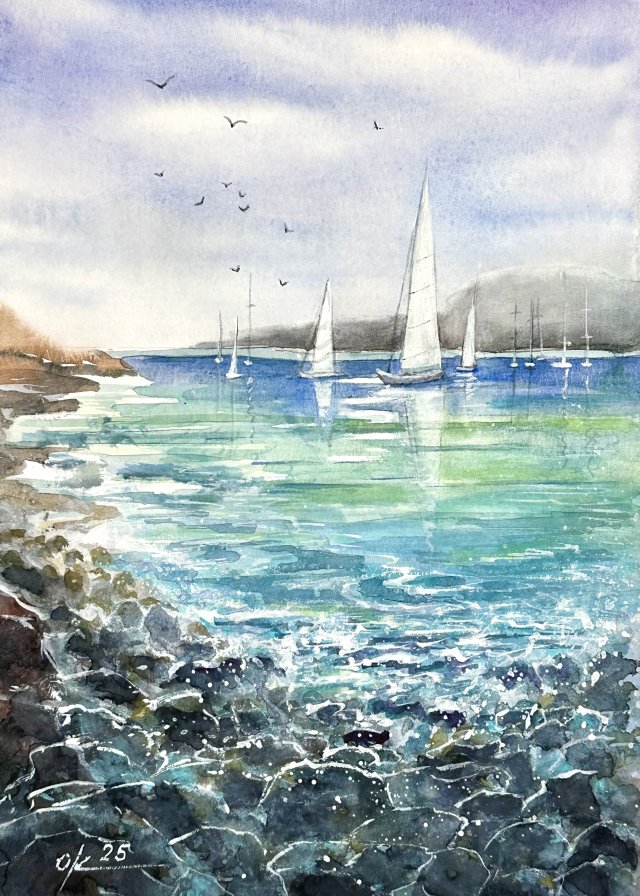 Regaty morskie. Original Akwarela A4