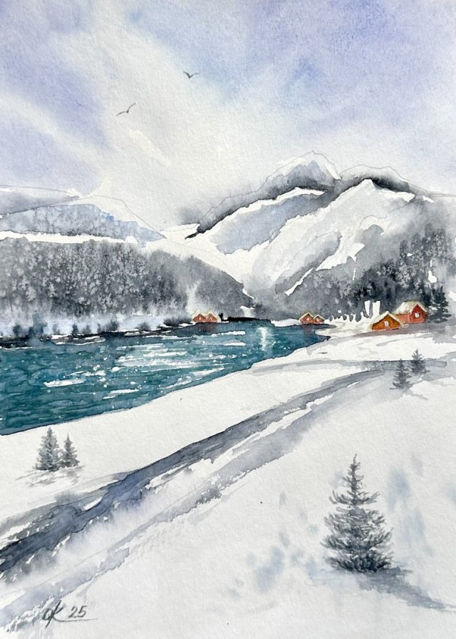 Jezioro w Alpach. Original Akwarela A4
