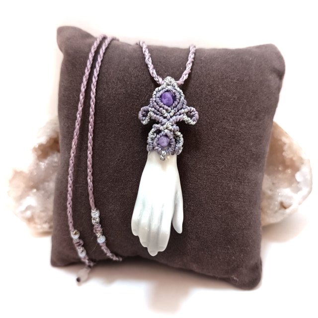 Rączka porcelana i srebrna lilia naszyjnik pleciony mikro makrama Boho Chic