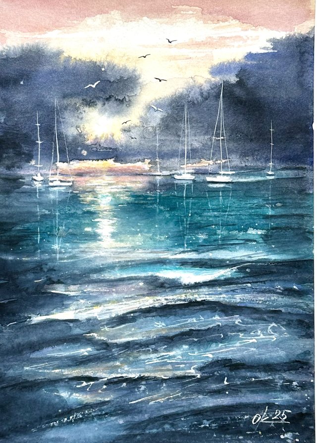 Jachty w zatoce. Original Akwarela A4