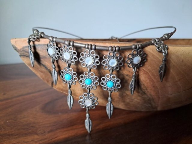 NATIVE AMERICAN NECKLACE - STERLING SILVER SREBRO 925 - INDIAŃSKI NASZYJNIK CHOKER - SYGNOWANY - KOLIA ZE SREBRA