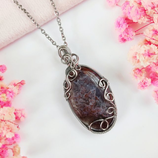Naszyjnik Agat Mszysty stal chirurgiczna wisiorek handmade wirewrapping