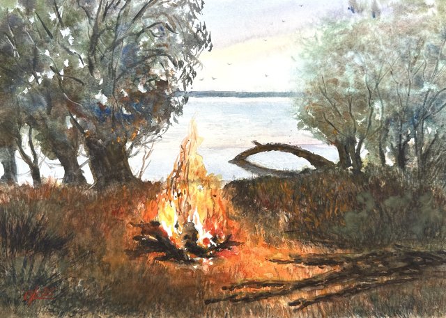 Wieczorne ognisko nad rzeką 30/42cm. Original Akwarela A3