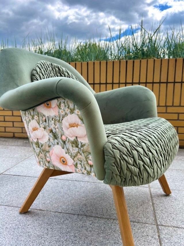 Fotel koktajlowy kubełkowy maki Boho oliwka