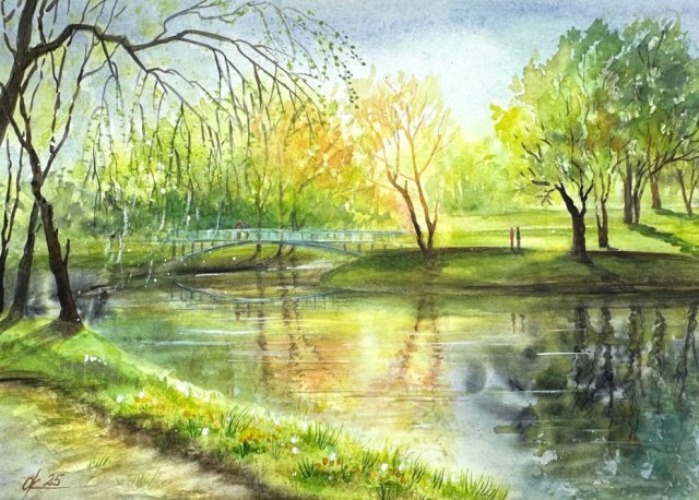 Spacer po parku wiosennym 30*40cm. Original Akwarela