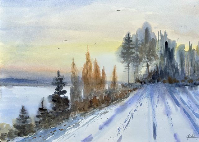 Cichy zimowy wieczór. akwarela 44*32 cm ręcznie malowana.