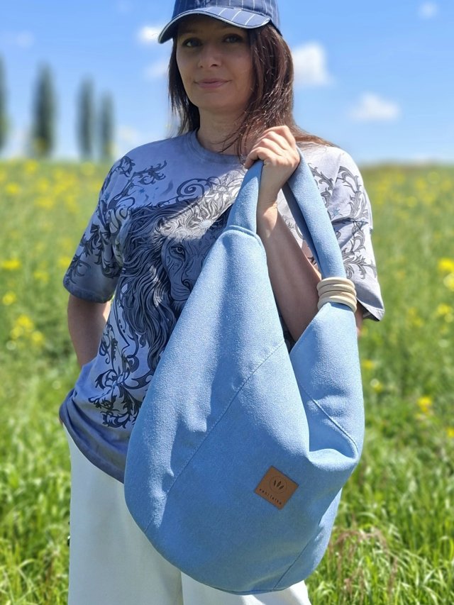 Duża torba hobo na ramię z plecionki Niebieska
