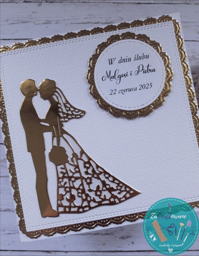 Kartka ślubna w bieli i złocie, personalizacja 2