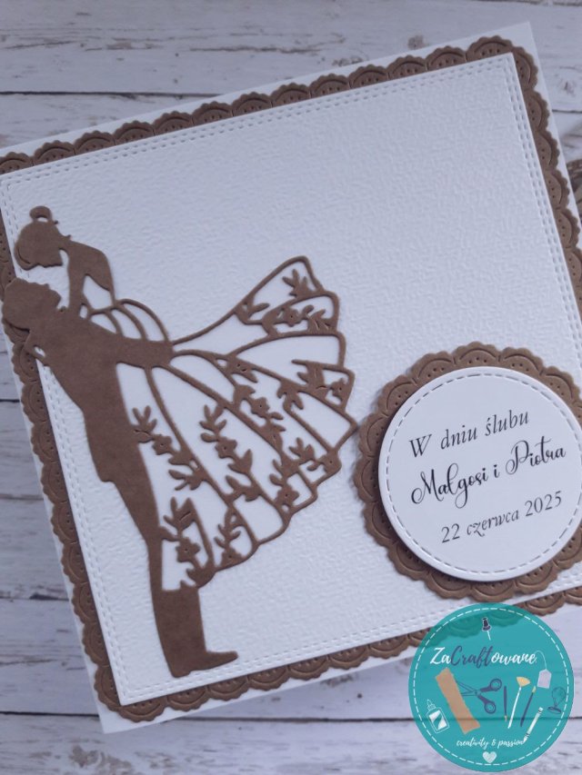 Kartka ślubna w bieli i kraftowym brązie, personalizacja
