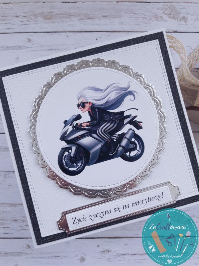 Kartka z okazji przejścia na emeryturę z babką na motorze, personalizacja