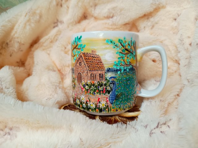 Rajski ogród paw kwiaty wyspa kwiatów kubek 270 ml. Ręcznie malowany