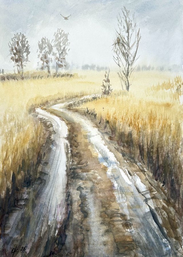 Droga wśród pól. 30x42cm original Akwarela ręcznie malowana.