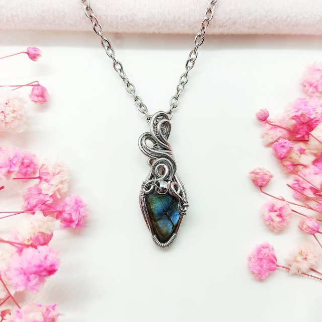 Naszyjnik Labradoryt Mini 4 stal chirurgiczna wisiorek handmade wirewrapping
