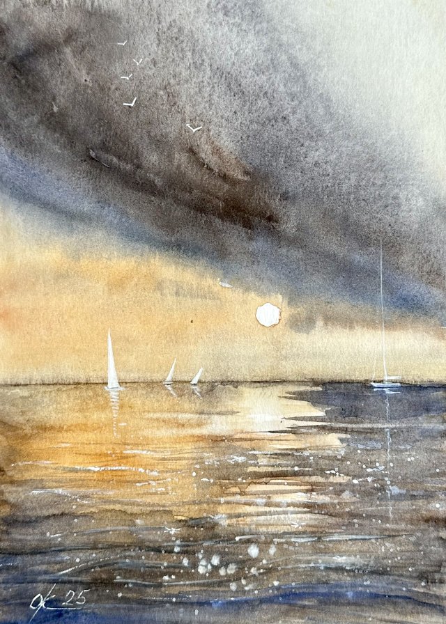 Morze o zachodzie słońca akwarela 30x21cm