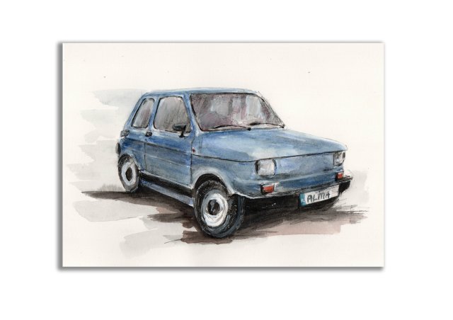 Akwarela ręcznie malowana  samochód Fiat 126p