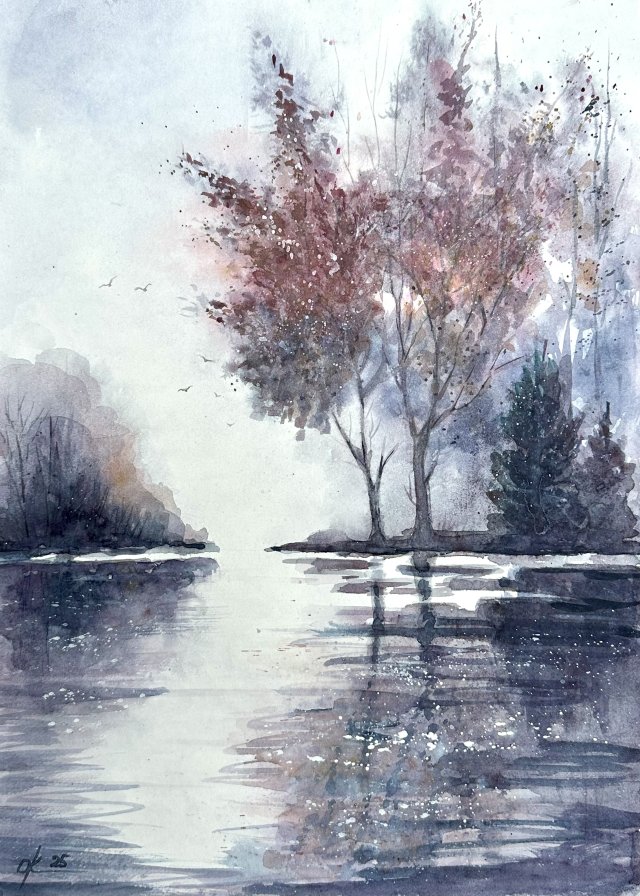 Odbicie w jeziorze. 42x30cm Original Akwarela A3