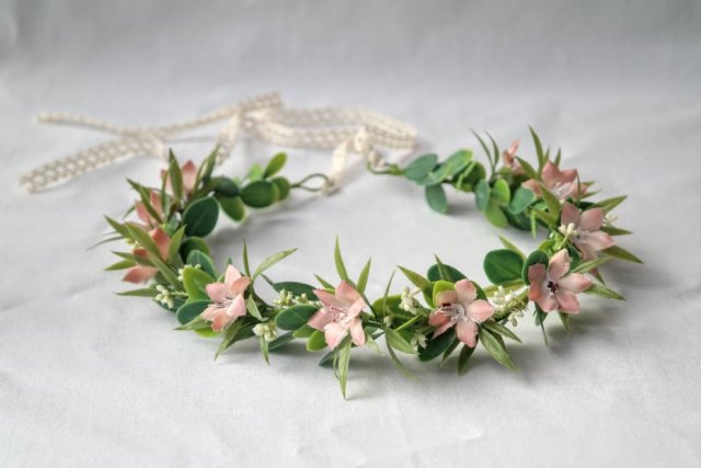Dzikie azalie – romantyczny wianek boho z zielenią, na ślub, komunie, sesje, handmade