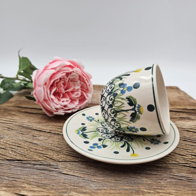 Filiżanka ceramiczna ze spodkiem Łąka kaszubska ceramika ręcznie zdobiona metodą stempelka